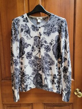 Neiman Marcus 100% Cashmere Cardigan Sweater XL Black White Floral Paisley